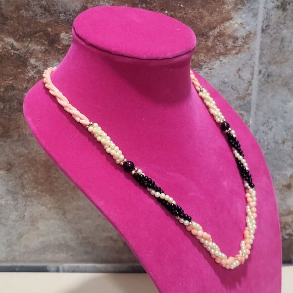 Multi Strand Beads Necklace Two Twisted Strands Pink Black White Beads - Picture 3 of 10
